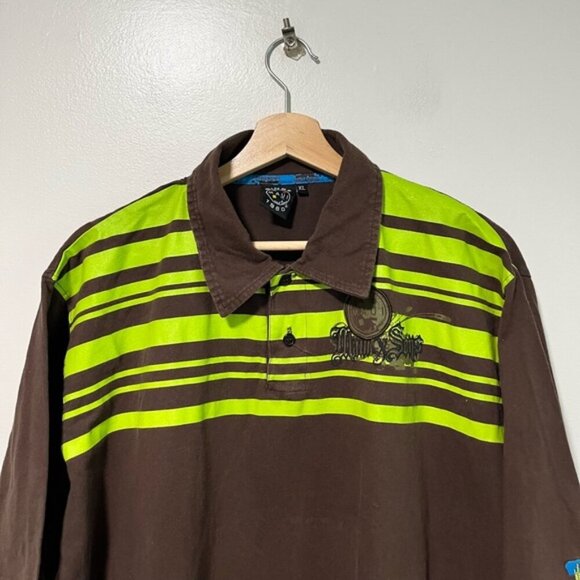 Maui and Sons Brown & Neon Green Striped Polo Shirt - Size XL, Vintage Surf - Picture 6 of 8